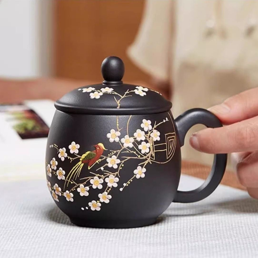 Yixing Handmade Teacups Flower and Bird Cups Purple Clay Teacup