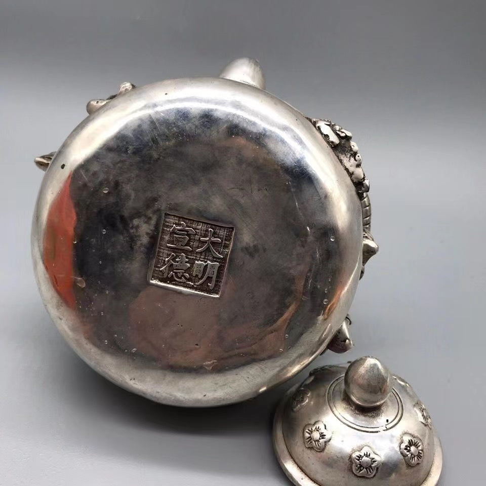Antique Eight Immortals high beam silver teapot