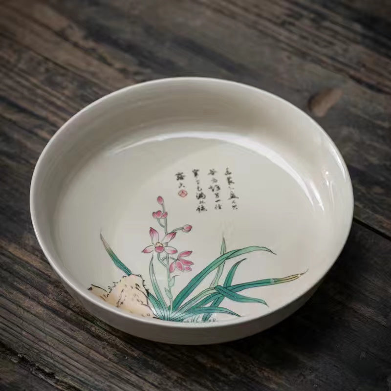 Wooden grey hand-painted antique pot bearing saucer